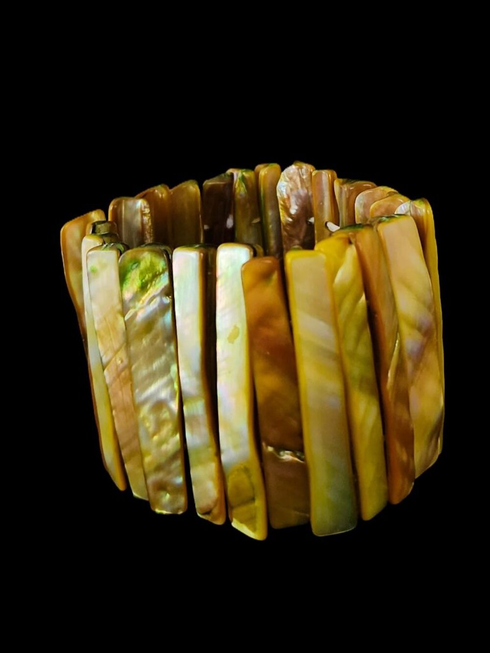 Vtg 90s Wide Mother of Pearl Shell Stretch Cuff • Iridescent Gold Yellow Green